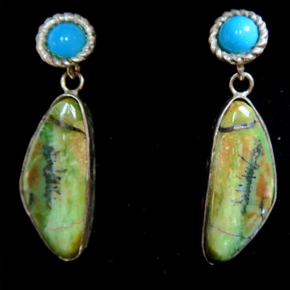 .925 Sterling Silver / Turquoise Artisan Drop Earrings - Picture 2 of 4